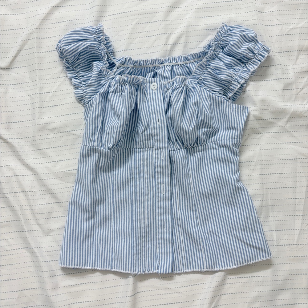Striped Blue Ruffle-Sleeve Women's Blouse